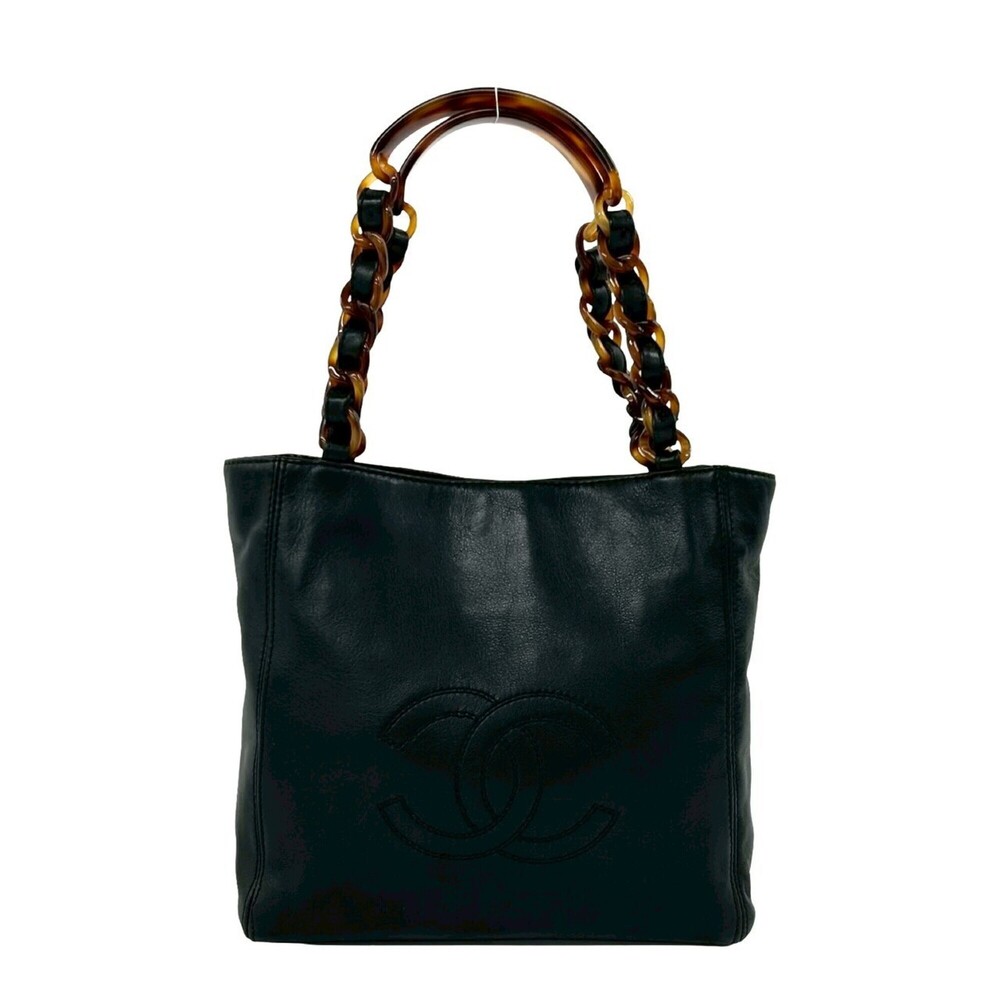 CHANEL Black Lambskin Leather Logo Bag